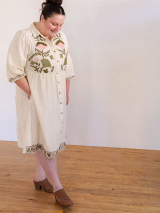 Ferns and Flowers Olive and Cream Embroidered Midi Dress