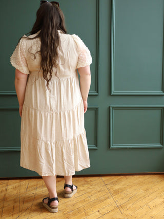 Beige Bubble Sleeve Linen Midi Dress