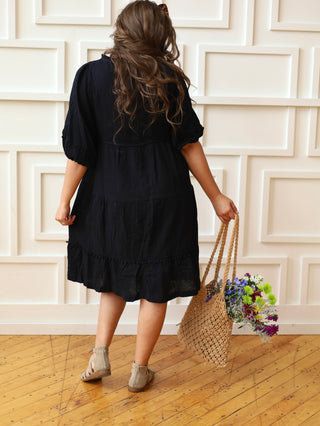 Black Floral Embroidered Vacation Midi Dress