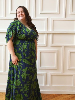 Navy and Green Satin Kimono Dress