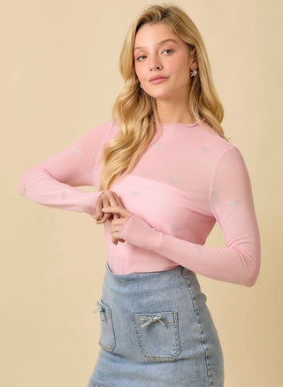 Pink Bow Mesh Layering Top