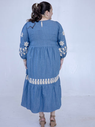 Denim Embroidered Flower Midi Dress