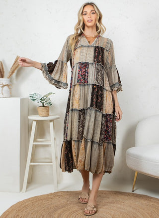 Boho Latte and floral Lace Patchwork Midi Dress