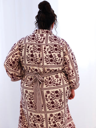 Burgundy and Cream Floral Midi Dress