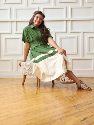 Olive and Beige Pleated Button Down Shirt Dress