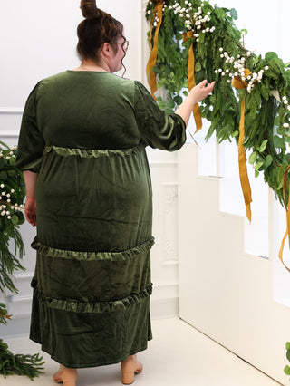 Balsam Green Velvet Ruffle Maxi Dress