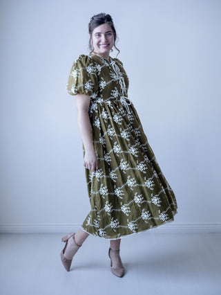 Olive Green Embroidered Bow Midi Dress
