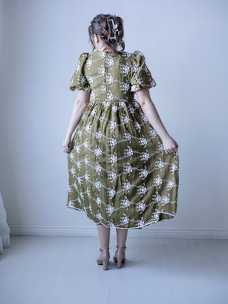 Olive Green Embroidered Bow Midi Dress