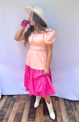 Dragon Fruit Hot Pink Colorblock Midi Dress