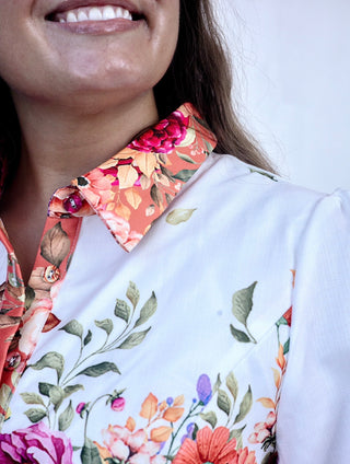 Floral and White Collar Dress with Belt