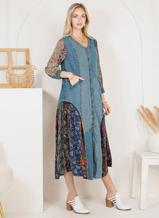 Boho Patchwork Denim Shirt Dress