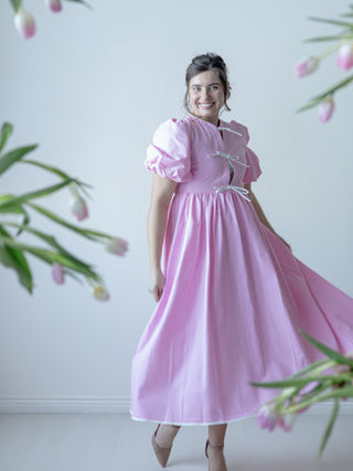 Pastel Pink and White Bow Midi Dress