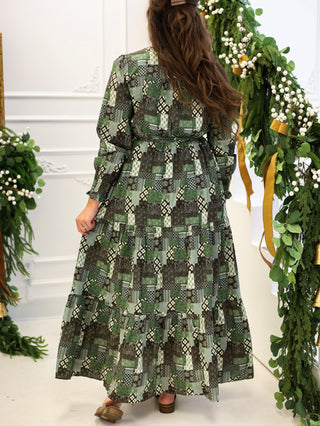 Vintage Christmas Olive Green Patchwork Dress