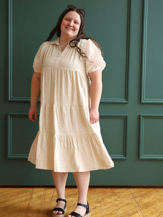 Beige Bubble Sleeve Linen Midi Dress