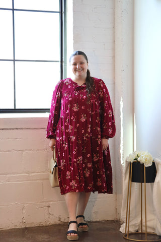 Burgundy Floral Tiered Midi Dress