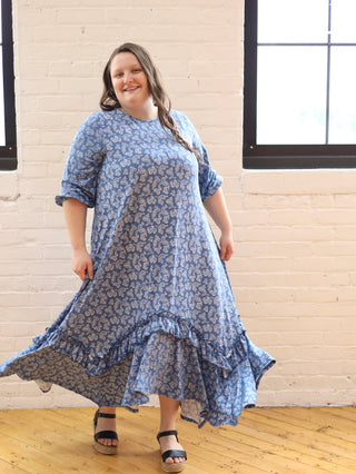 Paisley Denim Blue Ruffle Dress