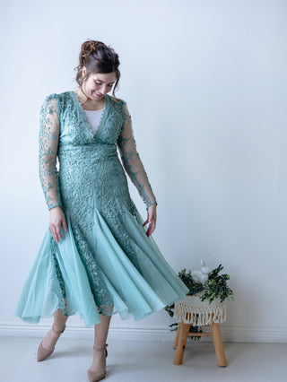 Sage Vintage Lace Appliqué and Tulle Midi Dress