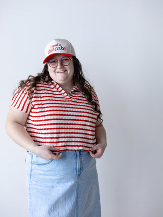 Red and Cream Striped Collared Top