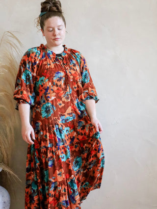 Harvest Orange and Teal Floral Maxi Dress