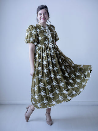 Olive Green Embroidered Bow Midi Dress