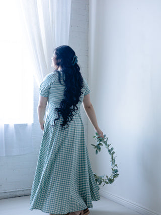 Teal Gingham Smocked Maxi Dress