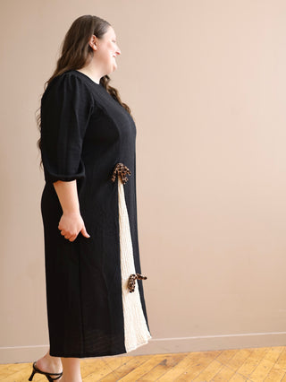 Black and Cream Pleat Dress with Leopard Bows