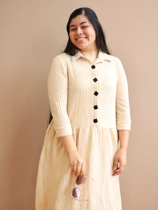 Beige Square Button Midi Dress