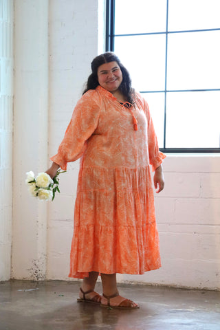 Tangerine Orange Floral Tiered Maxi Dress
