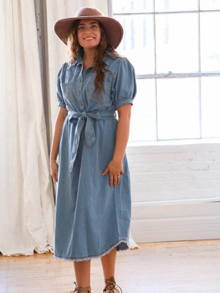 Light Wash Denim Button Down Midi Dress