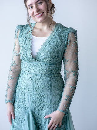 Sage Vintage Lace Appliqué and Tulle Midi Dress