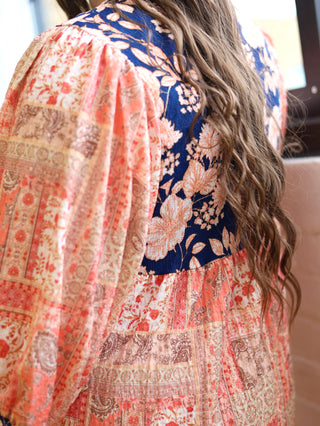 Peach and Navy Floral Midi Dress