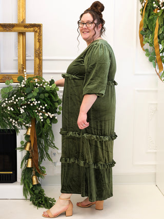 Balsam Green Velvet Ruffle Maxi Dress