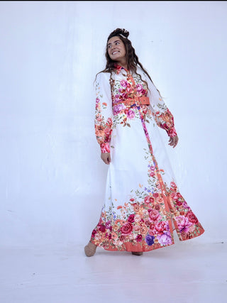 Floral and White Collar Dress with Belt
