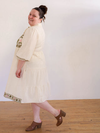 Ferns and Flowers Olive and Cream Embroidered Midi Dress