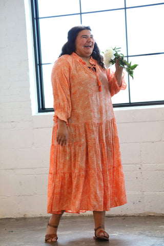 Tangerine Orange Floral Tiered Maxi Dress