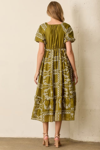 European Summer Olive Eyelet Midi Dress