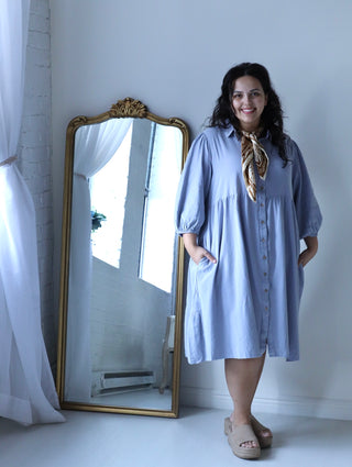 Light Gray Collared Button Up Plus Midi Dress