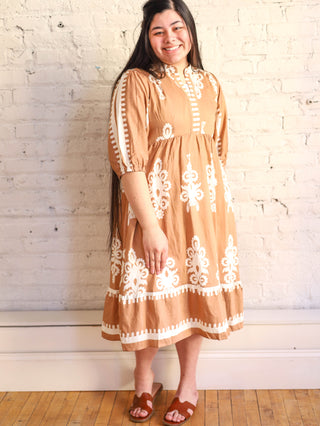 Lovely Neutrals Tan and Cream Midi Dress