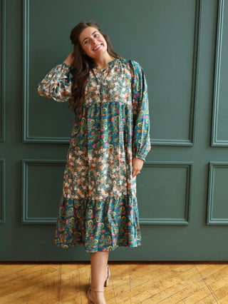 Green Paisley Mixed Print Midi Dress