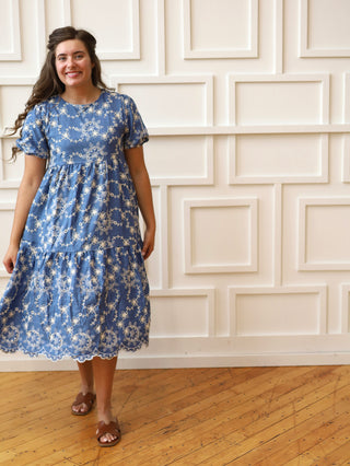 Denim Blue Eyelet Embroidered Midi Dress