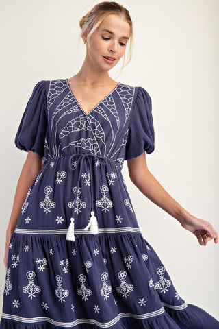 Navy and White Embroidered Midi Dress