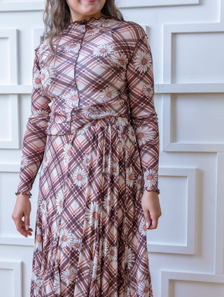 Flowering Daisey's Pink and Brown Plaid Maxi Skirt