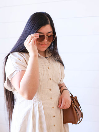 Oatmeal Striped Button Front Pleated Shirt Dress