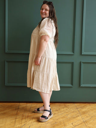 Beige Bubble Sleeve Linen Midi Dress