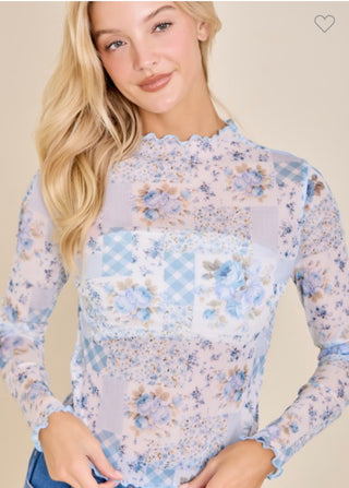 Blue Floral Patchwork Layering Top