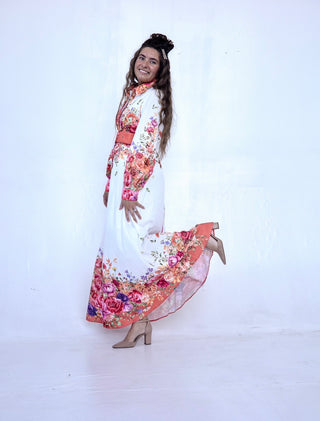 Floral and White Collar Dress with Belt