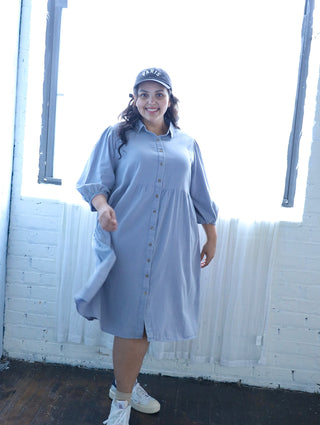 Light Gray Collared Button Up Plus Midi Dress