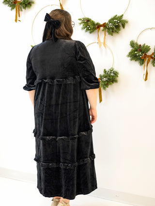 Black Velvet Ruffle Maxi Dress