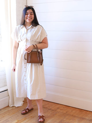 Oatmeal Striped Button Front Pleated Shirt Dress