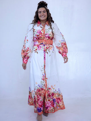 Floral and White Collar Dress with Belt